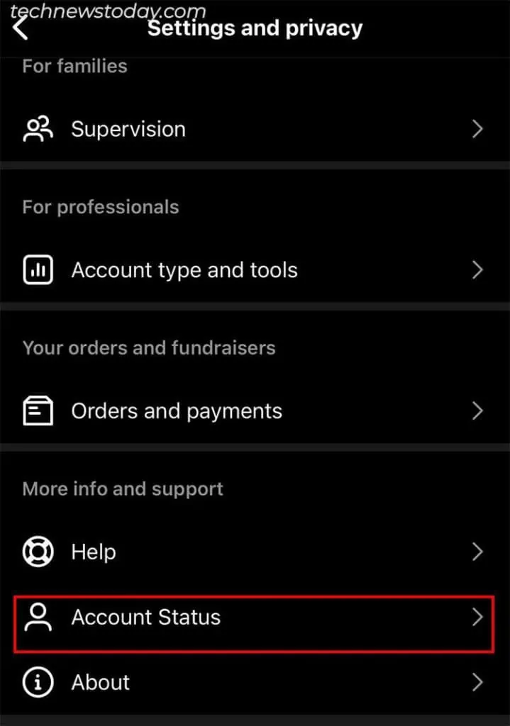 Add Yours Sticker Not Working on Instagram? 9 Ways to Fix 4 Under-More-info-and-support-tap-on-Account-Status-719x1024