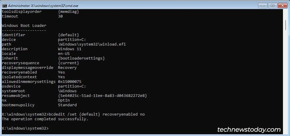 bcdedit-recovery-enabled-no