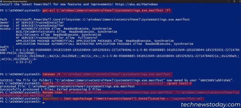 Windows 11 Settings Won't Open? Try These Fixes? 2 get-acl-immersivecontrol-panel-takeown-icacls-rename-manifest-file-reinstall-1024x459