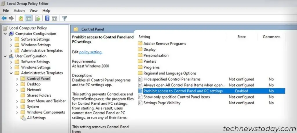 Windows 11 Settings Won't Open? Try These Fixes? 6 local-group-policy-editor-prohibit-access-to-control-panel-and-pc-settings-1024x459