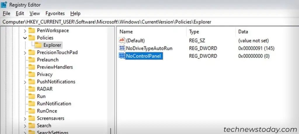 Windows 11 Settings Won't Open? Try These Fixes? 7 registry-editor-computer-hkey-current-user-software-microsoft-windows-currentversion-policies-explorer-nocontrolpanel-disable-1024x459
