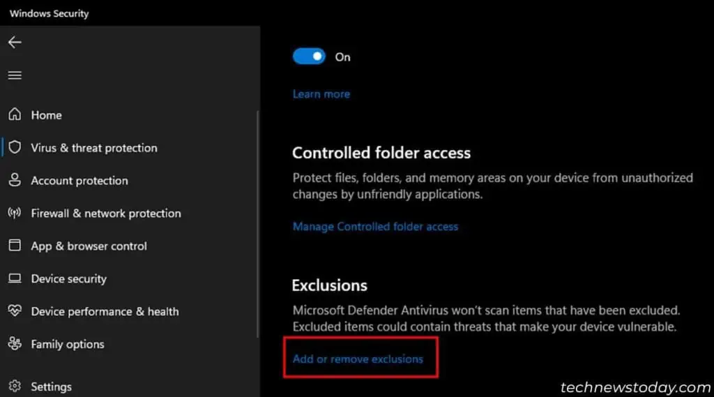 How To Allow Chrome To Access The Network In Your Firewall Or Antivirus Settings 4 virus-and-threat-protection-add-or-remove-exclusions-1024x569