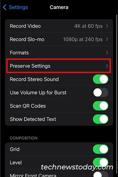 How to Fix No Video Option on iPhone 4 Preserve-Settings-Camera