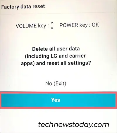 How to Factory Reset Android Without Password 4 Select-Yes-to-reset-LG-phone