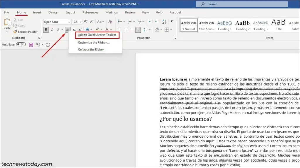 How to Use Strikethrough Shortcut in Word 8 add-to-quick-acess-for-strikethrough-shortcut-word-1024x576