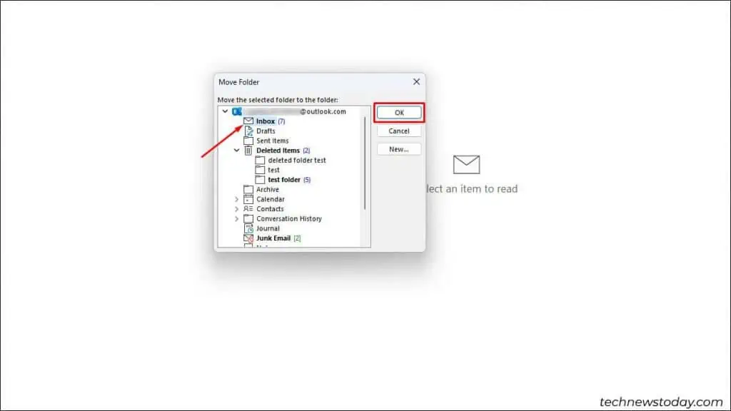 How to Recover Deleted Folder in Outlook 3 select-destination-folder-and-choose-Ok-1024x576
