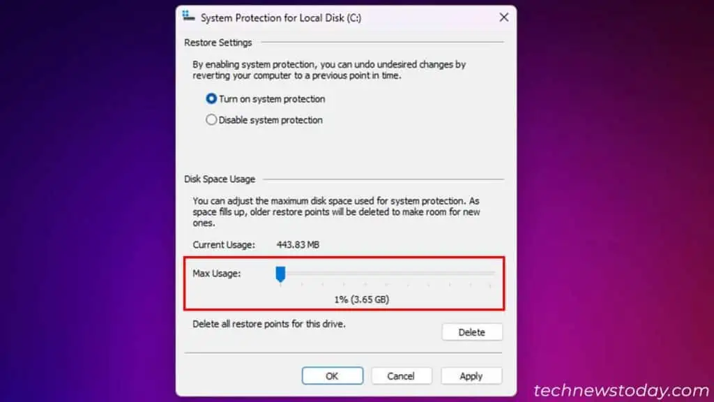How to Free Up Disk Space on PC? 9 Best Ways 10 system-protection-restore-disk-space-max-usage-1024x576