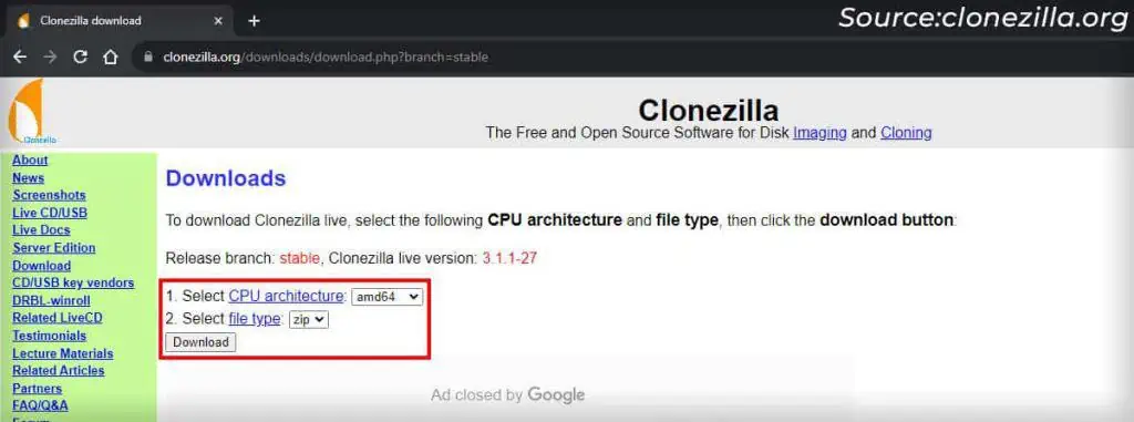 How to Clone a Hard Drive to SSD 2 clonezilla-cpu-architecture-amd64-file-type-zip-download-1024x381