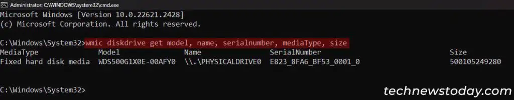 command-prompt-ssd-name-serial-number-wmic-diskdrive-1024x200