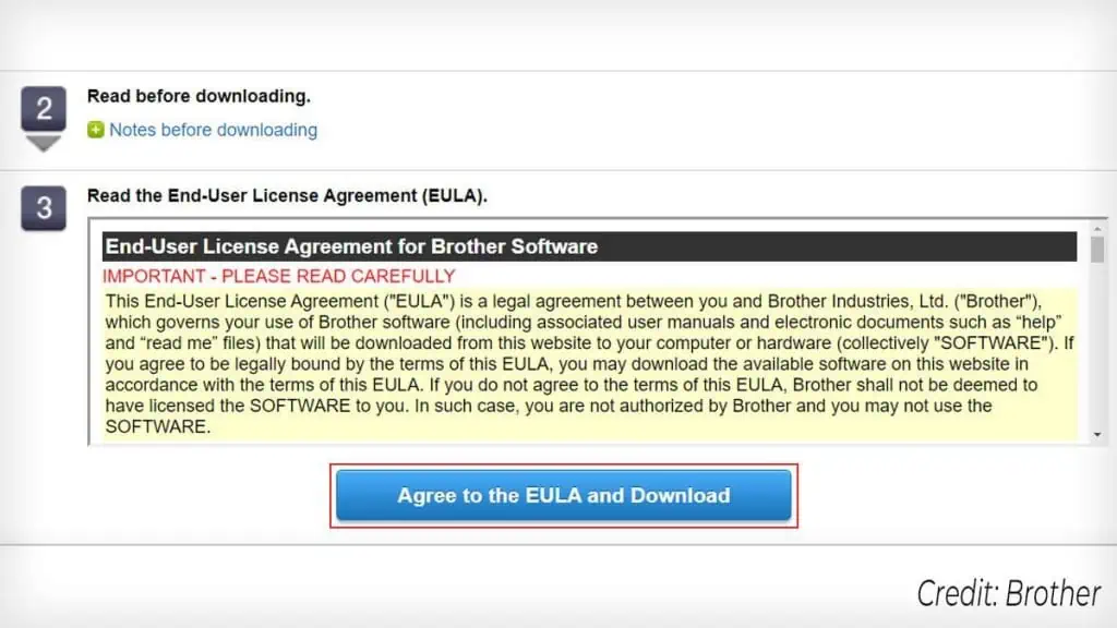 How to Connect Brother Printer to Your PC 6 agree-to-eula-and-download-1024x576