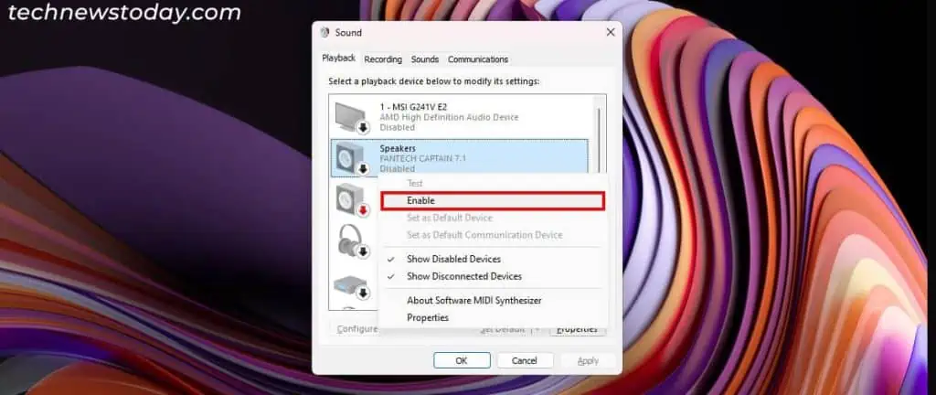 5 Ways to Fix “No Speakers or Headphones are Plugged In” Error 4 enable-disabled-audio-playback-device-1024x432