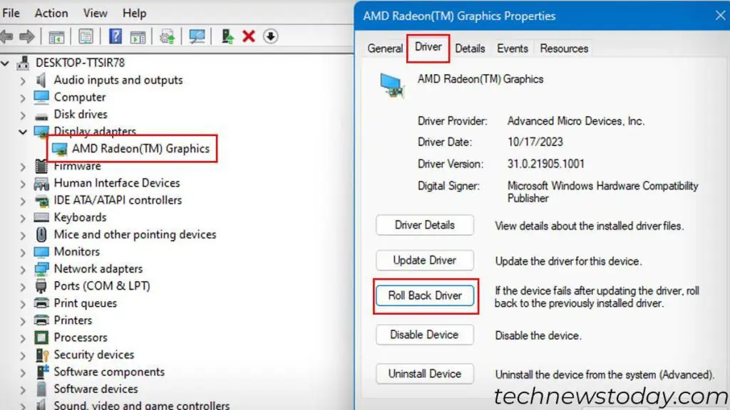 Solved: "Radeon Software and Driver Do Not Match" Error 1 roll-back-driver-in-device-manager-1024x576
