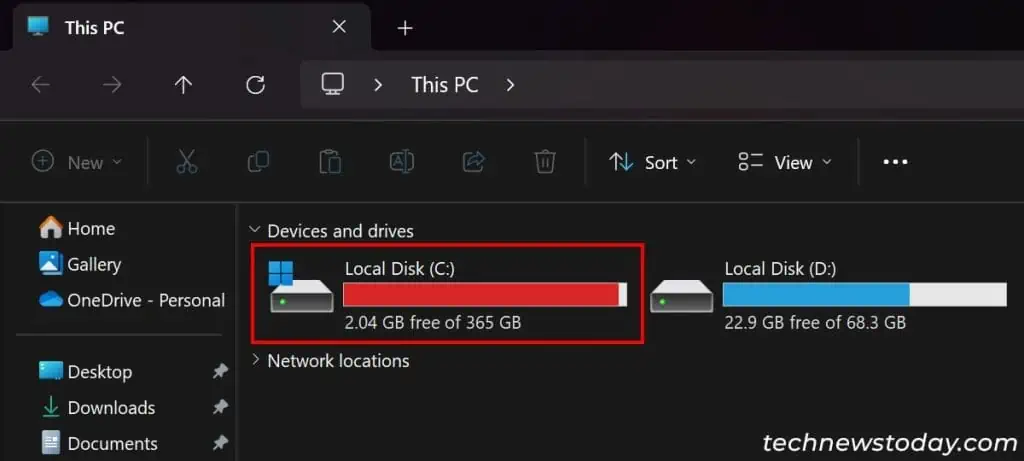 How Often Should I Run Storage Sense or Disk Cleanup? 2 C-drive-nearly-full-1024x461